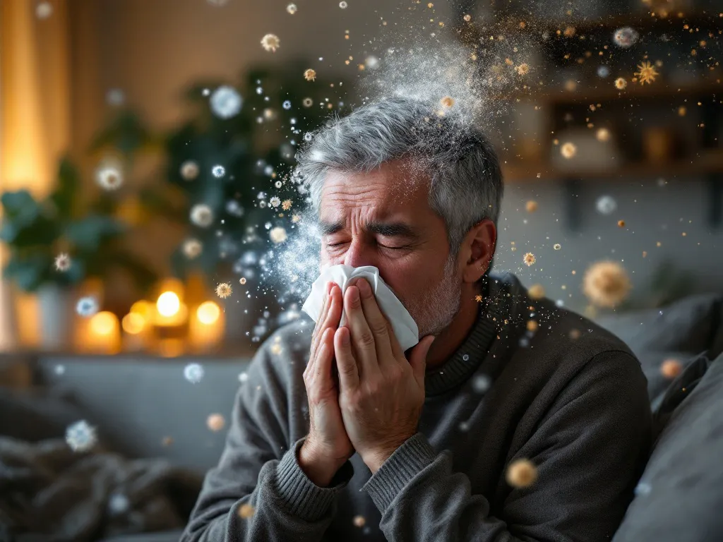 Man sneezing with allergens all around him.